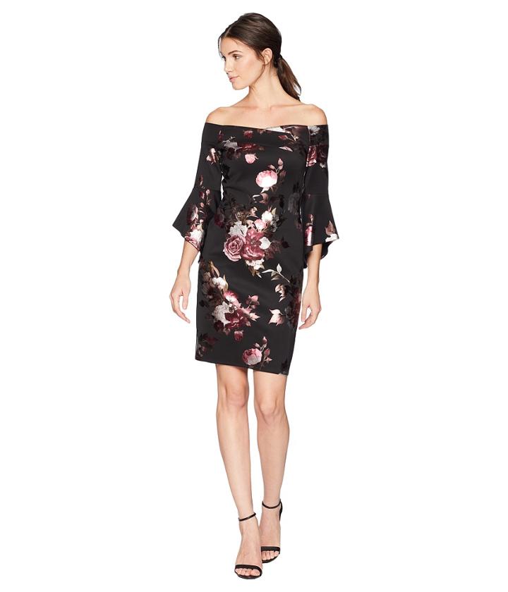 Bebe Off Shoulder Trumpet Sleeve Dress (black/multi) Women's Dress