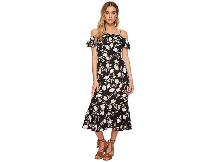 J.o.a. Floral Printed Cold Shoulder Dress With Tiered Hem (black Floral) Women's Dress