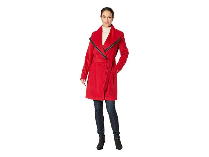 Calvin Klein Wool Wrap With Pu Trim Detail (crimson) Women's Coat