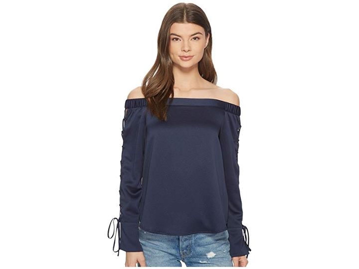 1.state Off Shoulder Blouse W/ Lace-up Sleeves (navy Yard) Women's Blouse