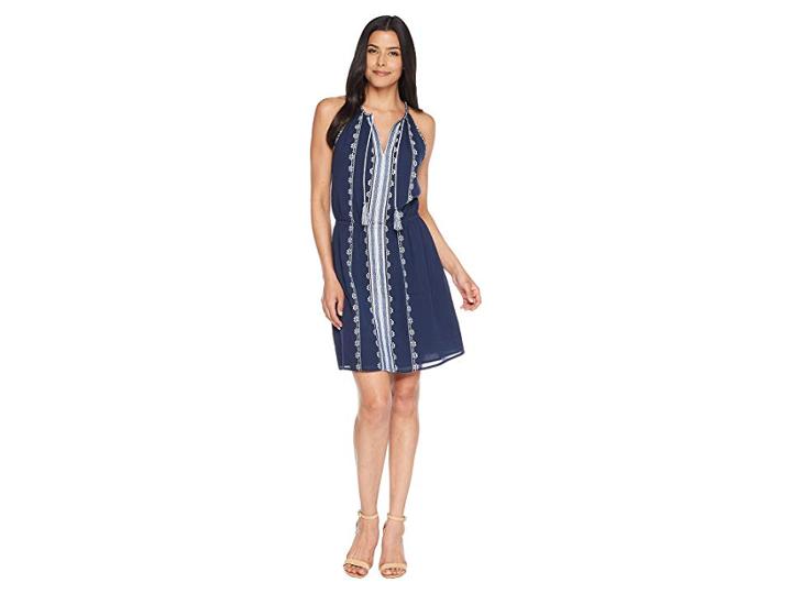 Two By Vince Camuto Sleeveless Embroidered Tie Neck Halter Dress (high Tide) Women's Dress