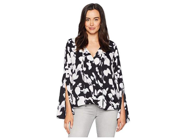 Kenneth Cole New York Wrapped Front Flouncy Sleeve Top (soft Focus Floral Black) Women's Clothing