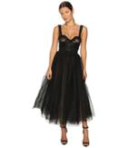 Marchesa Tea-length Flared Cocktail With Beaded Lace Bustier Wide Shoulder Straps And Textured Ruffle Embroidery (black) Women's Dress
