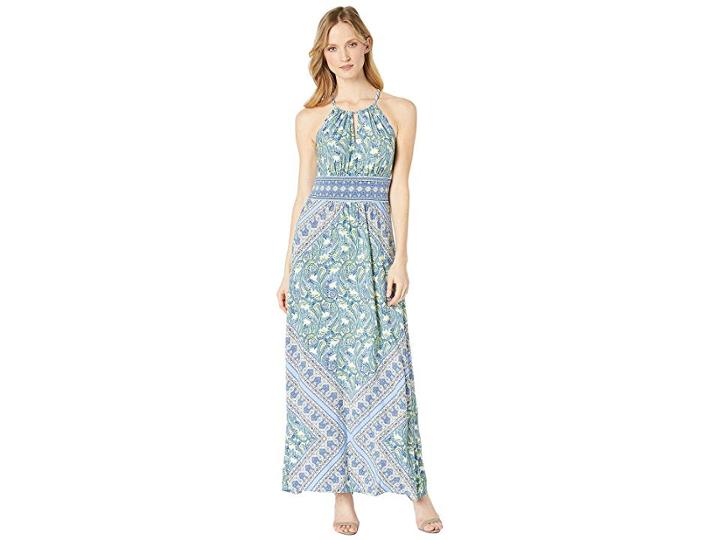 London Times Vintage Scarf Keyhole Halter (blue/green) Women's Dress