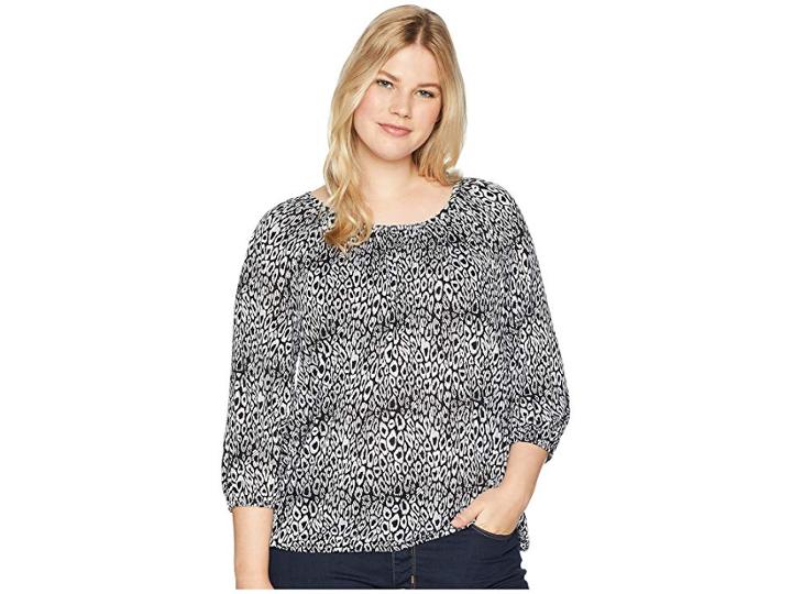 Michael Michael Kors Plus Size Wavy Leopard Stripe Peasant Top (black/white) Women's Short Sleeve Knit