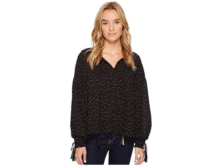 Romeo & Juliet Couture Dotted Pleated Top W/ Tassel Tie-up Detail (black) Women's Blouse