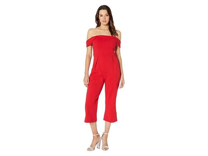Marina Stretch Crepe Off The Shoulder Crop Jumpsuit (red) Women's Jumpsuit & Rompers One Piece