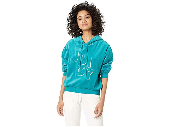 Juicy Couture Juicy Embossed Velour Hooded Pullover (castle Green) Women's Clothing