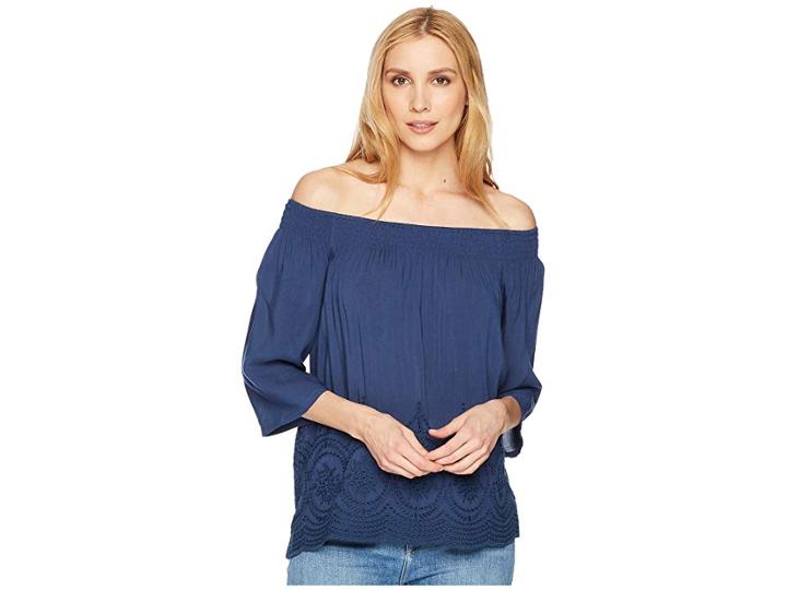 Tribal Off Shoulder Top With Embroidered Detail (deep Sky) Women's Clothing