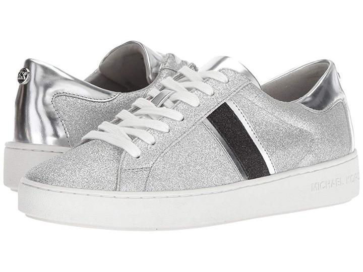 Michael Michael Kors Keaton Stripe Sneaker (silver/black Pixie Fine Glitter/mirror Metallic/mirror Metallic) Women's Lace Up Casual Shoes
