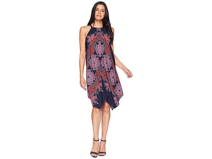 Maggy London Starburst Paisley Novelty Printed Fit And Flare With Hanky Hem (navy/red) Women's Dress