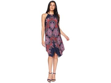 Maggy London Starburst Paisley Novelty Printed Fit And Flare With Hanky Hem (navy/red) Women's Dress