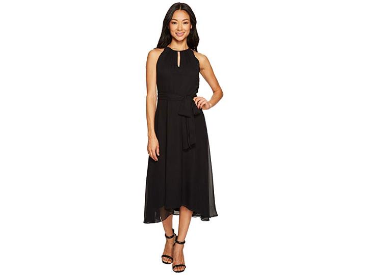 Tahari By Asl Petite Chiffon Tea-length Keyhole Neck Dress (black) Women's Dress