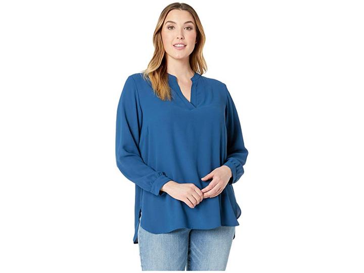Anne Klein Plus Size Long Sleeve Split-neck High-low Blouse (juniper) Women's Clothing