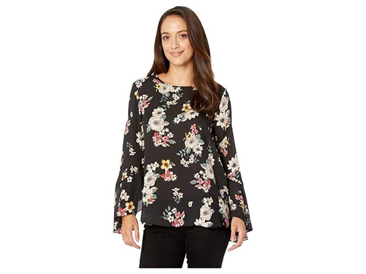 Vince Camuto Specialty Size Petite Flared Sleeve Floral Story Blouse (rich Black) Women's Blouse