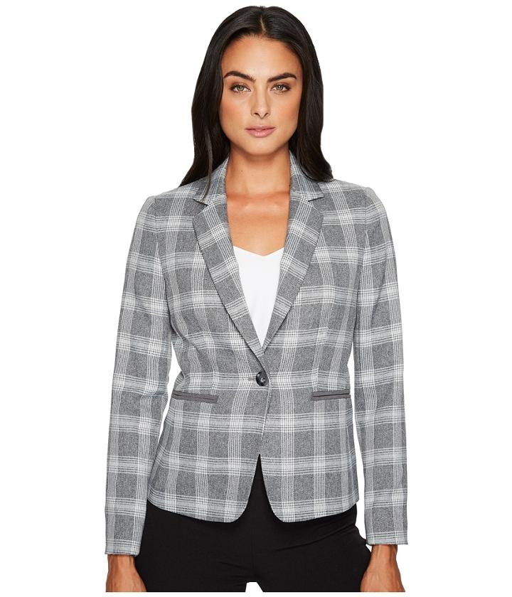 Tahari By Asl Plaid Long Sleeve Jacket (grey/ivory) Women's Coat