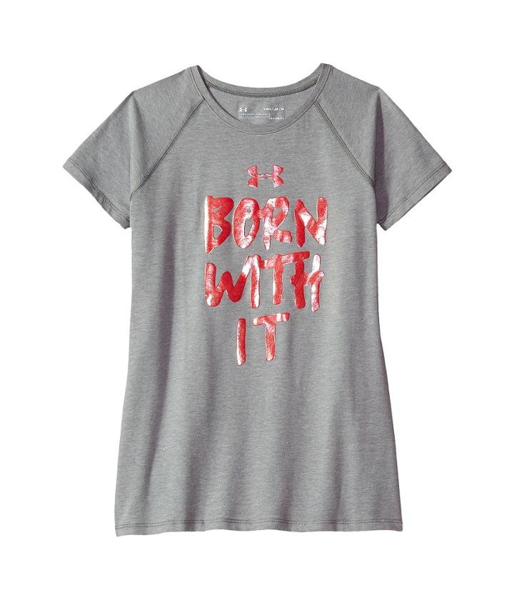 Under Armour Kids Born With It Short Sleeve Tee (big Kids) (steel Light Heather/penta Pink) Girl's T Shirt