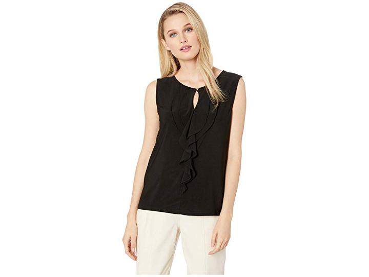 Tahari By Asl Knit Ruffle Front Top With Keyhole Neck (black) Women's Clothing