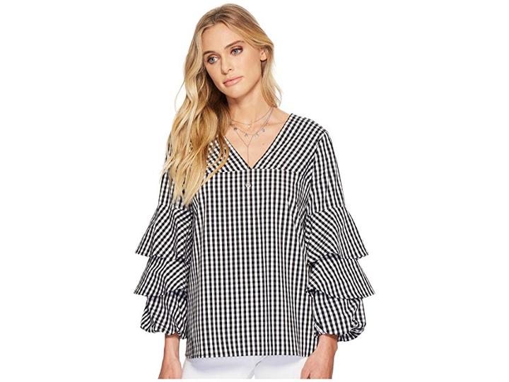 Kensie Gingham Check Top Ks4k4674 (black Combo) Women's Clothing