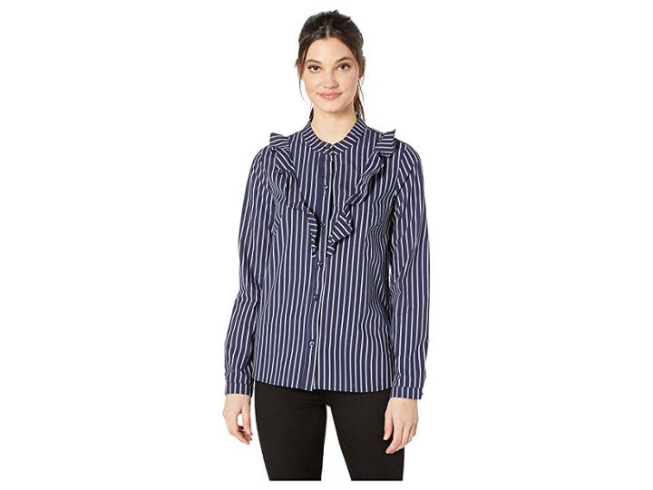 Bcbgeneration Ruffle Front Long Sleeve Woven Top (dark Navy) Women's Clothing