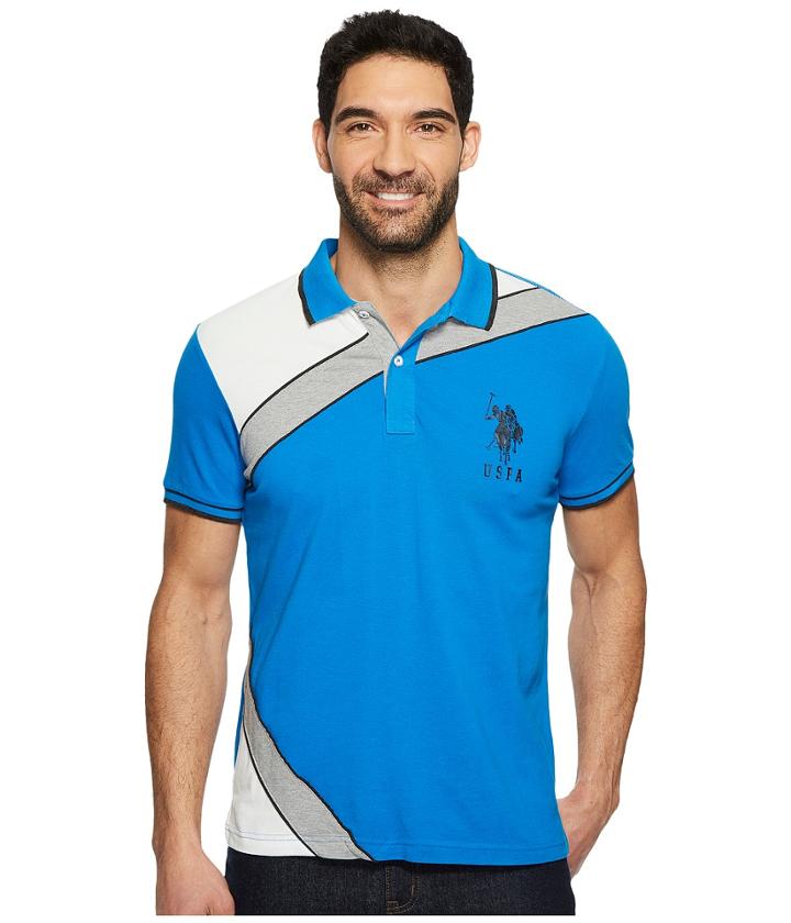 U.s. Polo Assn. Slim Fit Color Block Short Sleeve Stretch Pique Polo Shirt (blue Tile) Men's Short Sleeve Pullover