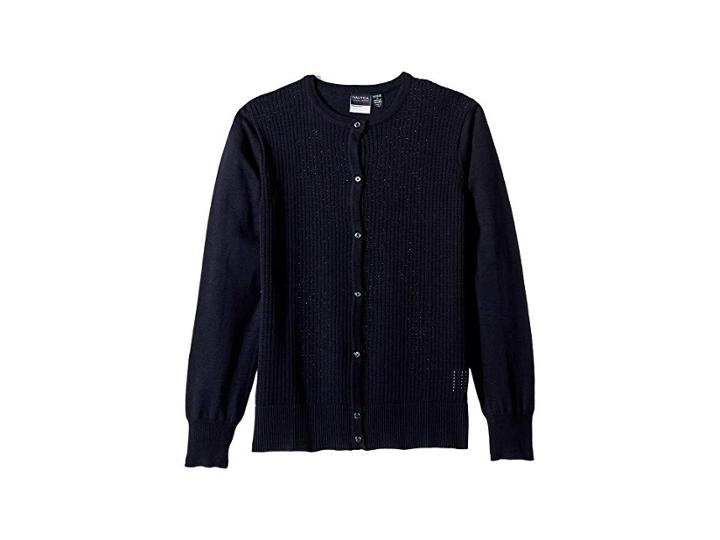 Nautica Kids Pointelle Cardigan (big Kids) (su Navy) Girl's Sweater