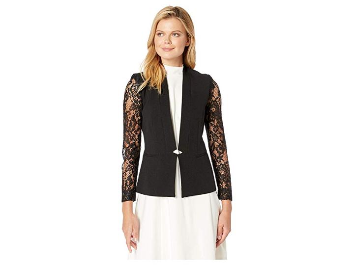 Tahari By Asl Crepe Long Sleeve Lace Jacket (black) Women's Coat