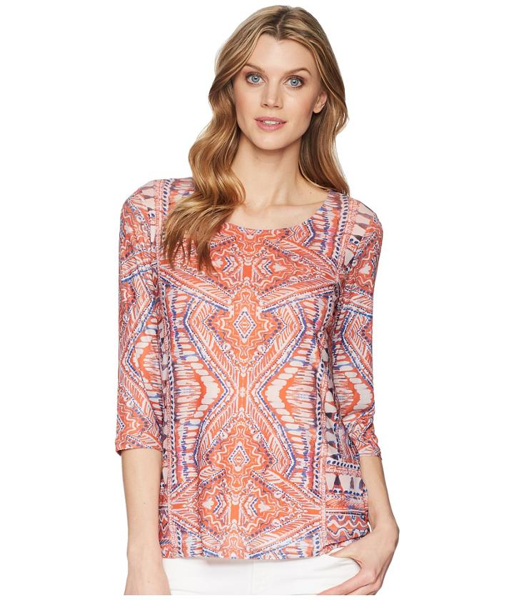 Tribal 3/4 Sleeve Printed Mesh Scoop Neck Top (fiesta) Women's Long Sleeve Pullover