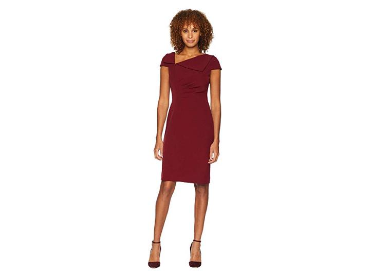 Tahari By Asl Fold-over Collar Crepe Short Sleeve Crepe Dress (crimson Red) Women's Dress