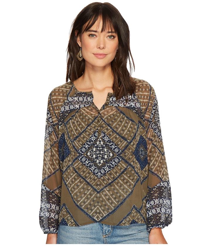Lucky Brand Mixed Print Peasant Top (olive Multi) Women's Long Sleeve Pullover