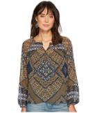 Lucky Brand Mixed Print Peasant Top (olive Multi) Women's Long Sleeve Pullover