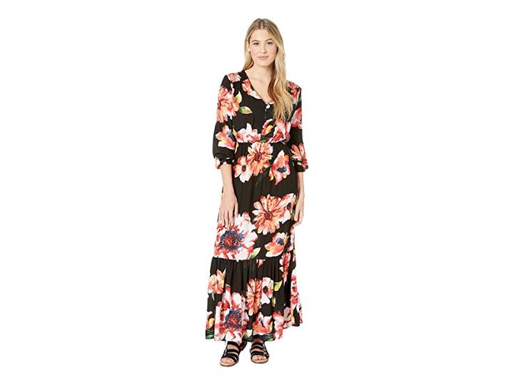 Eci Dark Floral Button Front Maxi Dress With Sleeves (black/pink) Women's Dress