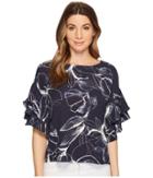 Vince Camuto Tiered Ruffle Sleeve Fresco Petals Blouse (night Sky) Women's Blouse