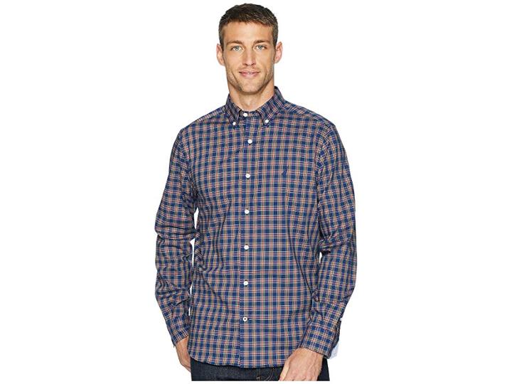 Nautica Long Sleeve Wear To Work Classic Plaid Woven Shirt (j Navy) Men's Clothing