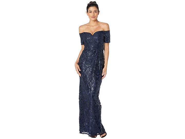 Adrianna Papell Off Shoulder All Over Sequin Embroidery Column Gown (midnight) Women's Dress