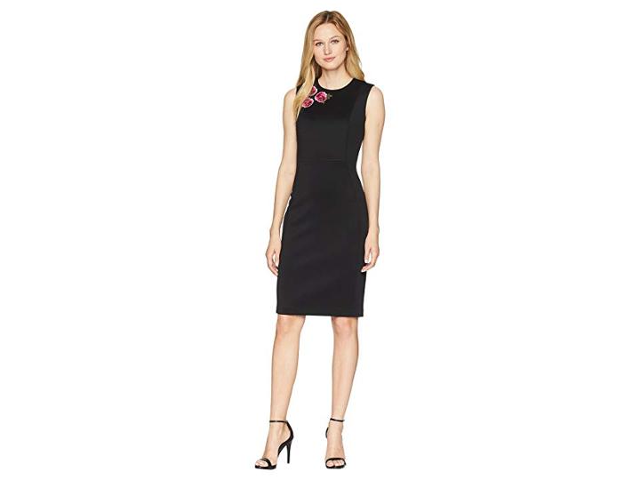 Calvin Klein Scuba Sheath Dress With Embroidery Detail On Bodice Cd8m73dg (black/pink) Women's Dress