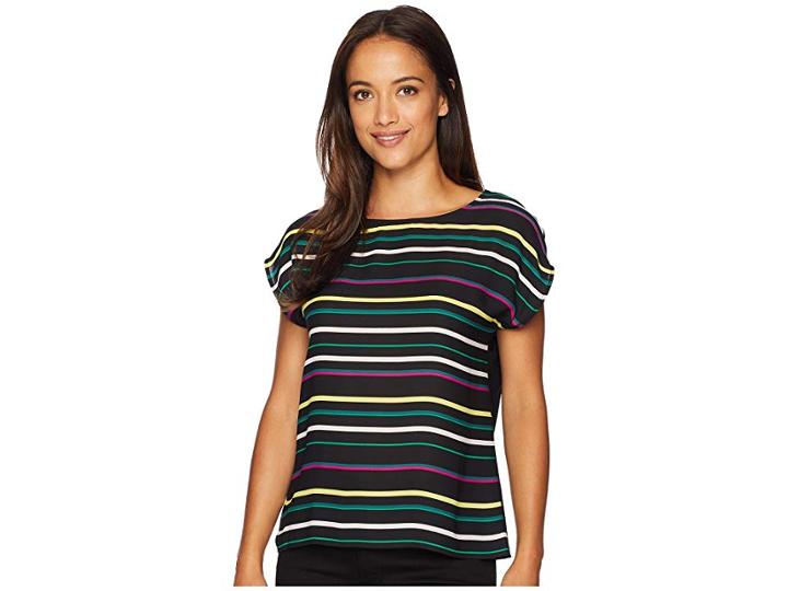 Vince Camuto Specialty Size Petite Extended Shoulder Paradise Multi Stripe Blouse (rich Black) Women's Clothing
