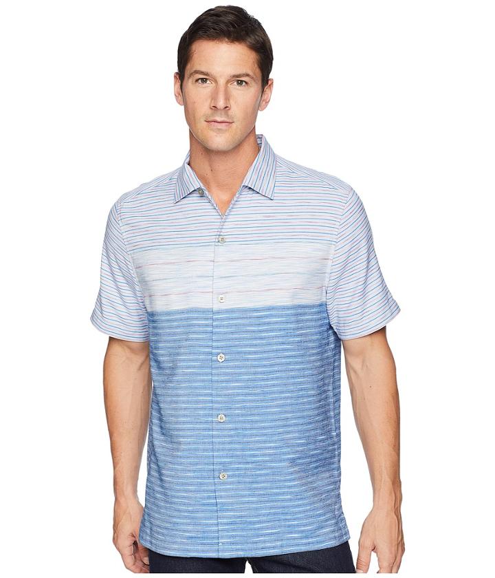 Tommy Bahama Agua Azul Stripe Camp Shirt (santorini Blue) Men's Clothing