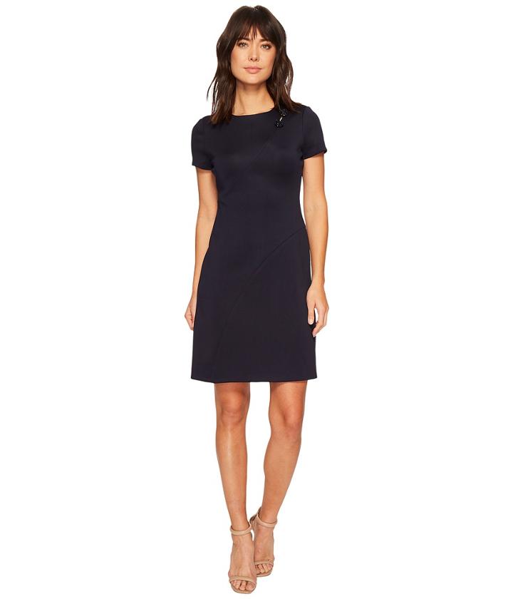 Ivanka Trump Scuba Short Sleeve Fit And Flare Floral Hardware (navy) Women's Dress