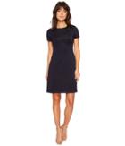 Ivanka Trump Scuba Short Sleeve Fit And Flare Floral Hardware (navy) Women's Dress