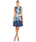 Adrianna Papell Tropical Essence Printed Scuba Jewel Neck Fit And Flare Dress (navy Multi) Women's Dress