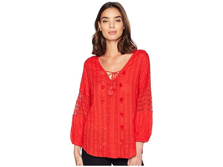 Michael Stars Braided Stripe With Lace Boho Top (salsa) Women's Clothing