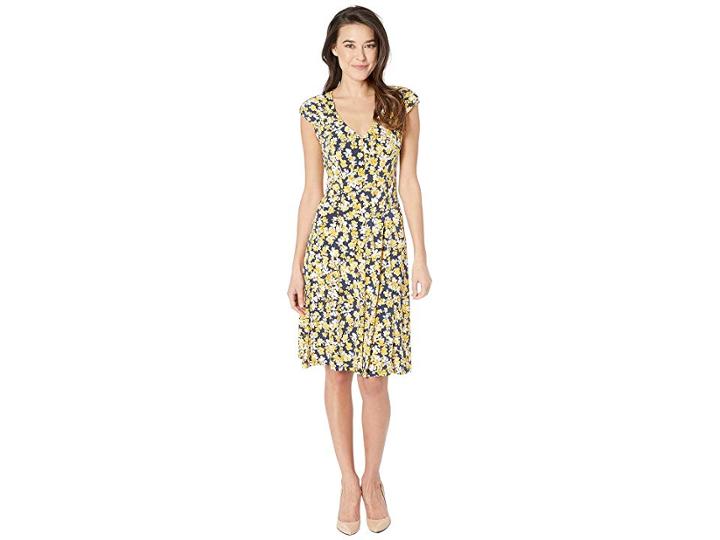 London Times Printed Matte Jersey Scatter Petal Dress (navy/gold) Women's Dress