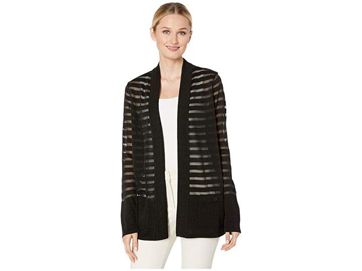 Anne Klein Sheer Stripe Malibu Cardigan (anne Black) Women's Clothing