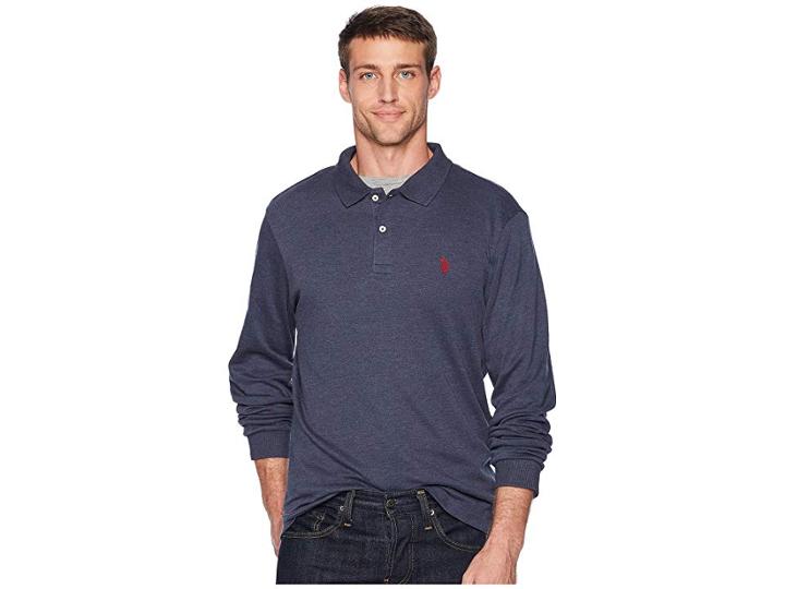 U.s. Polo Assn. Long Sleeve Solid Small Pony Interlock Polo Shirt (peacoat Heather) Men's Long Sleeve Pullover