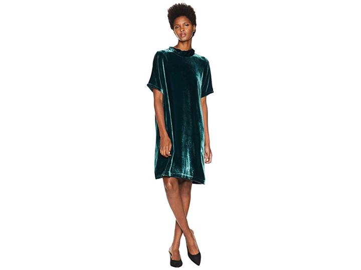 Eileen Fisher Velvet Mock Neck Short Sleeve Dress With Back Tie (pine) Women's Dress
