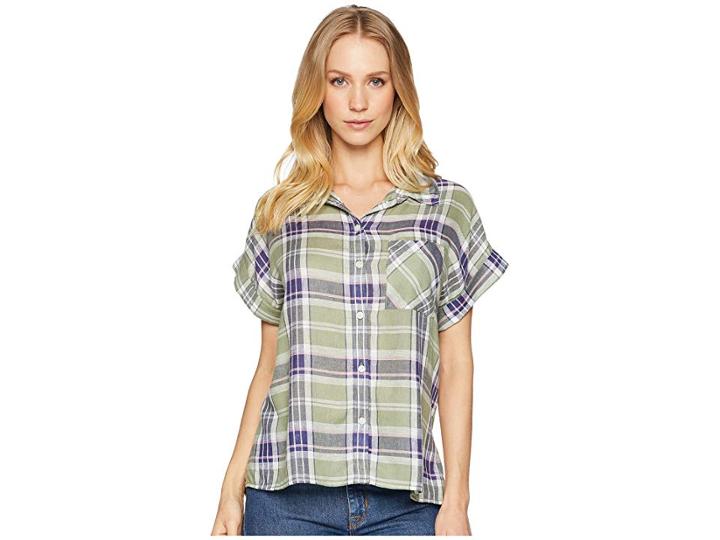 Sanctuary Mod Short Sleeve Boyfriend Shirt (washed Cadet Plaid) Women's Short Sleeve Button Up