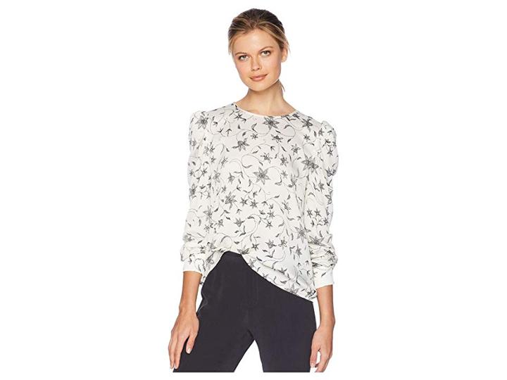 Vince Camuto Puff Shoulder Long Sleeve Faux Stitch Floral Blouse (antique White) Women's Blouse