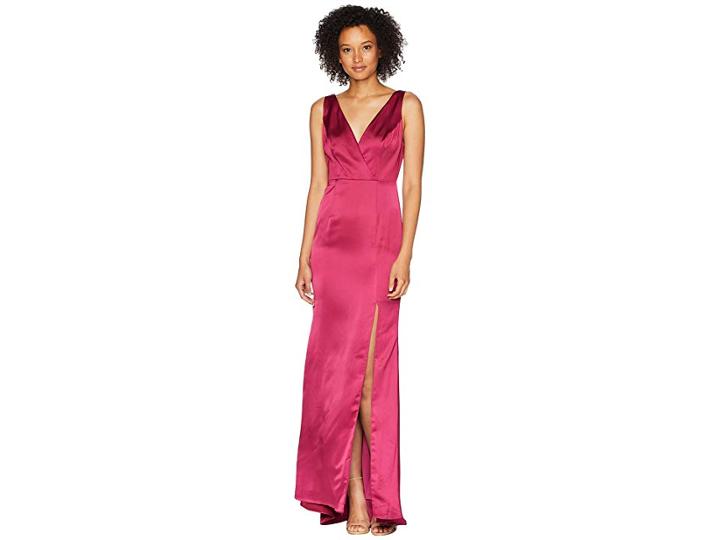Adrianna Papell Long Stretch Satin Gown With Tie Back Sash (red Plum) Women's Dress