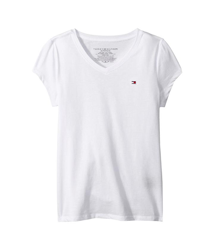 Tommy Hilfiger Kids Signature V-neck Tee (big Kids) (white) Girl's T Shirt